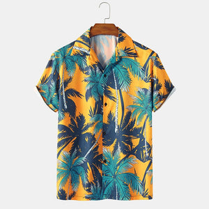 Men's Hawaiian Shirt Men 2022 Summer Coconut Tree Print Lapel Holiday Short Sleeve Casual Shirts