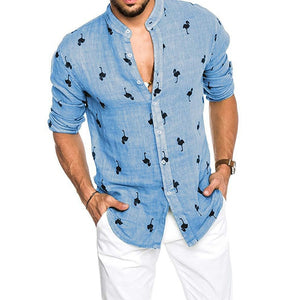 Men's Fashion Printed Flamingo Cotton Linen Summer Hawaiian Long Sleeve