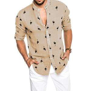 Men's Fashion Printed Flamingo Cotton Linen Summer Hawaiian Long Sleeve