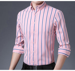 Men's Stretch Long Sleeve Striped Dress Smooth Material Standard-Fit
