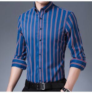 Men's Stretch Long Sleeve Striped Dress Smooth Material Standard-Fit