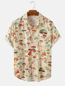 Men Hawaiian Shirts Lapel Chest Pocket Short Sleeve Colorful Element Mushroom Pattern Print Button Up Casual Shirt
