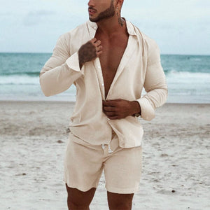 Men Hawaiian Sets Beach 2022 Summer Long Sleeve Stand Collar Shirt Board Shorts  Streetwear Cotton Linen