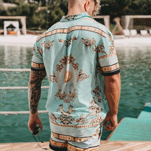 Mens Luxury Baroque Print Short Sleeve Drawstring Two Piece Outfits Beachwear Men Hawaiian Shirts and Shorts