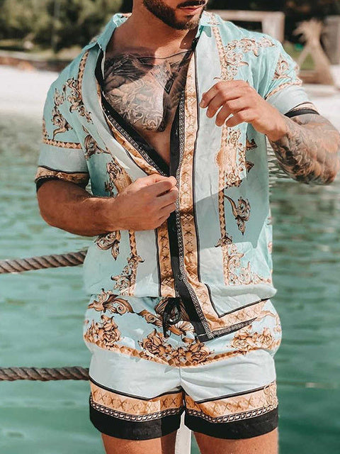 Mens Luxury Baroque Print Short Sleeve Drawstring Two Piece Outfits Beachwear Men Hawaiian Shirts and Shorts